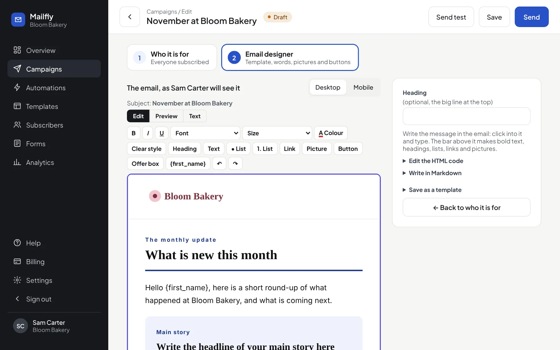 The email designer with the toolbar for font, size and colour
