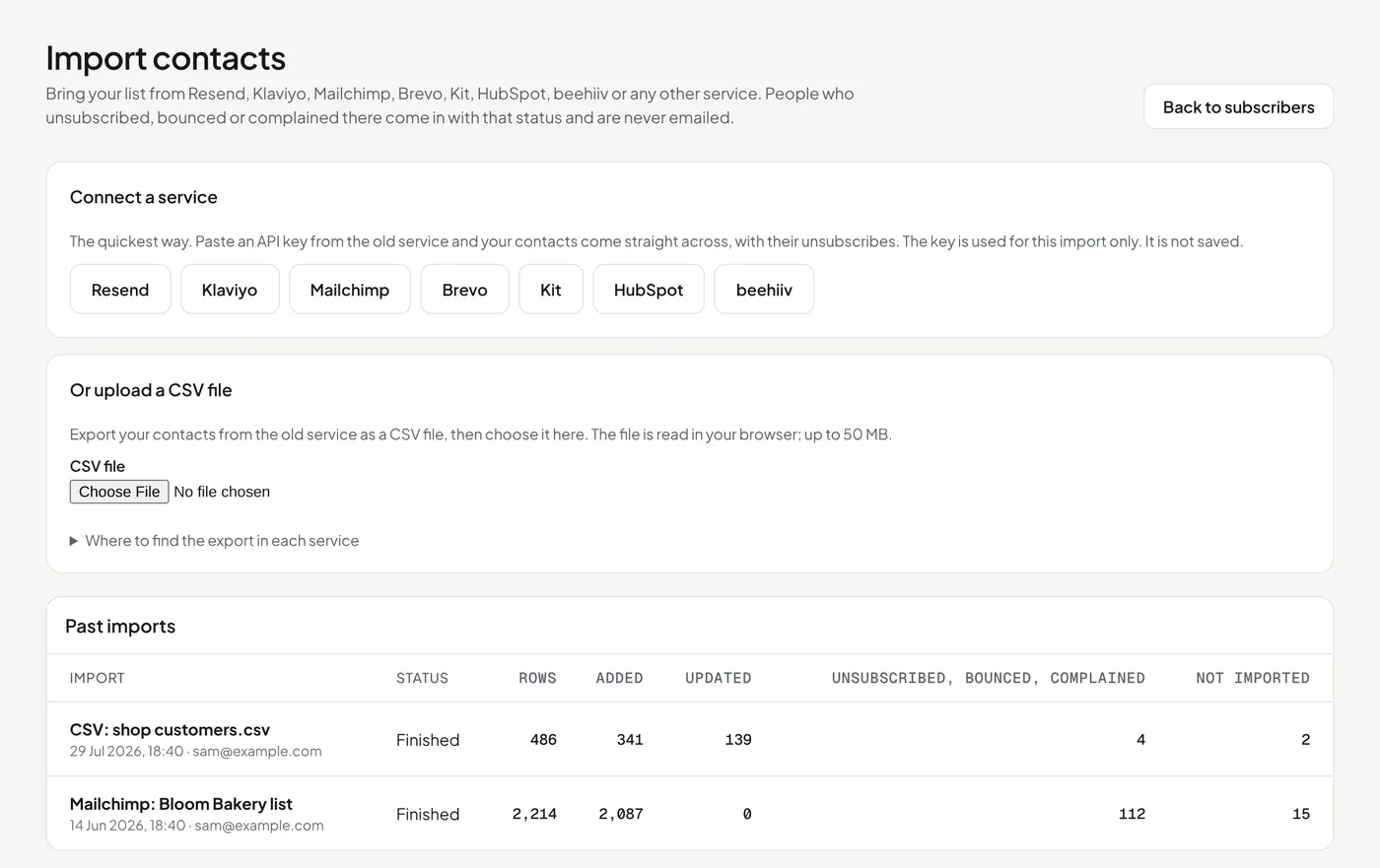 The import page with two finished imports
