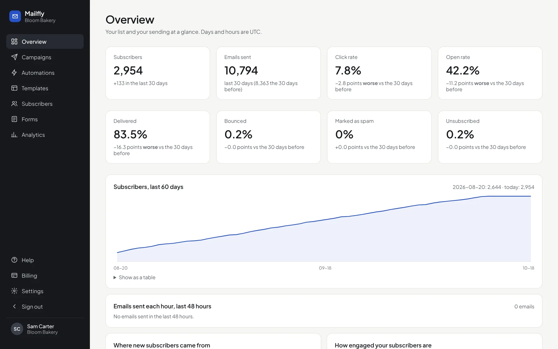 The Overview page of a demo business: subscribers over 60 days, emails each hour, and rates for the last 30 days