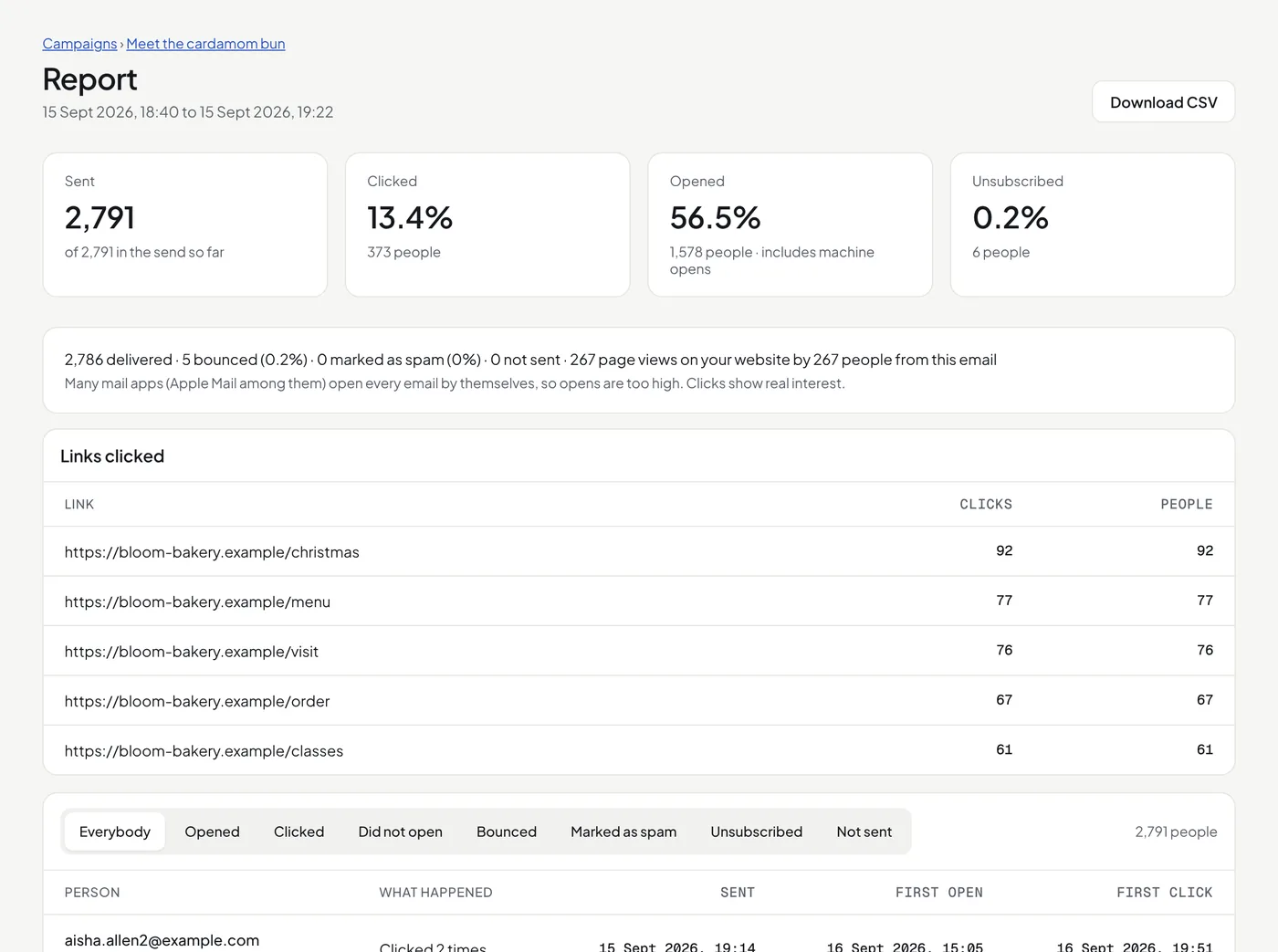 A campaign report with clicks, links and a chart of opens and clicks
