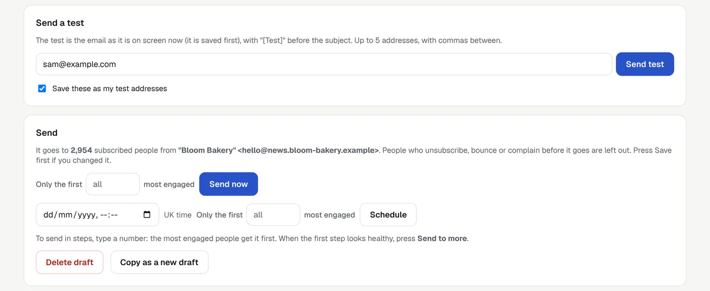 Send a test, Send now, Schedule, and send to only the first most engaged people