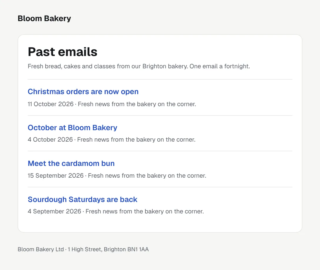 A public archive page with past emails