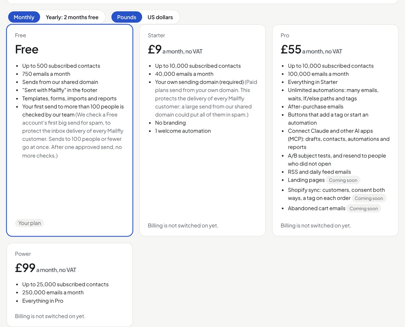 The plans on the Billing page, with the Monthly / Yearly and Pounds / US dollars switches