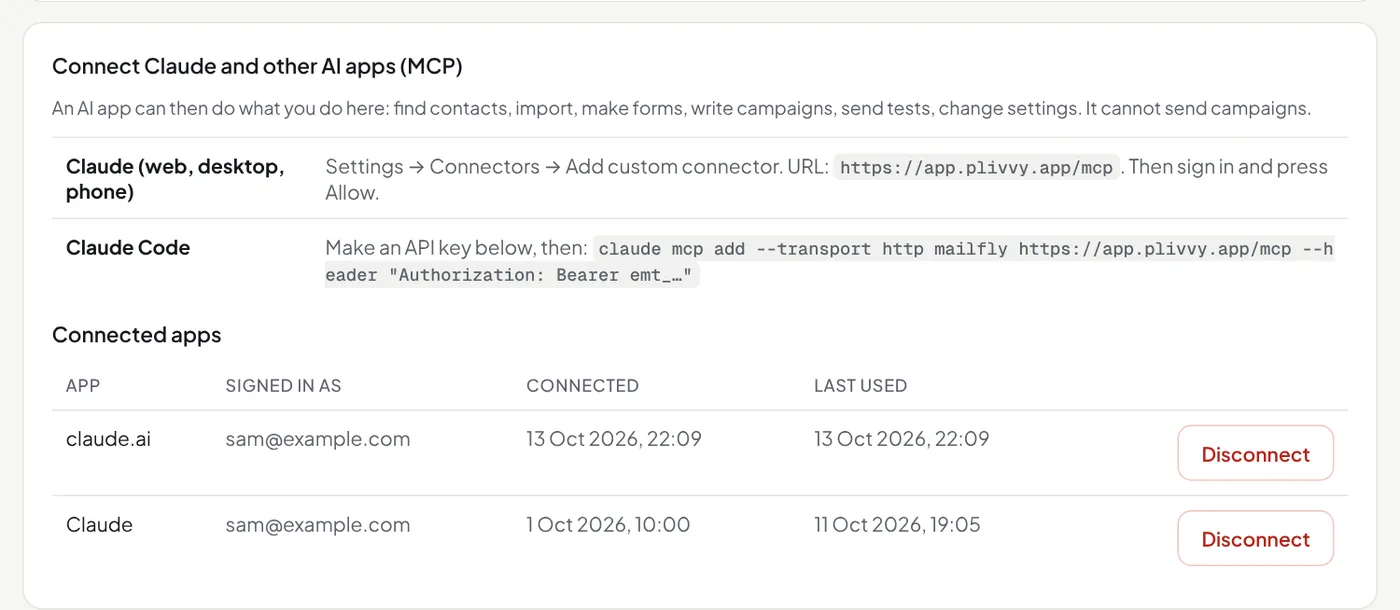 Settings: connect Claude, and the connected apps