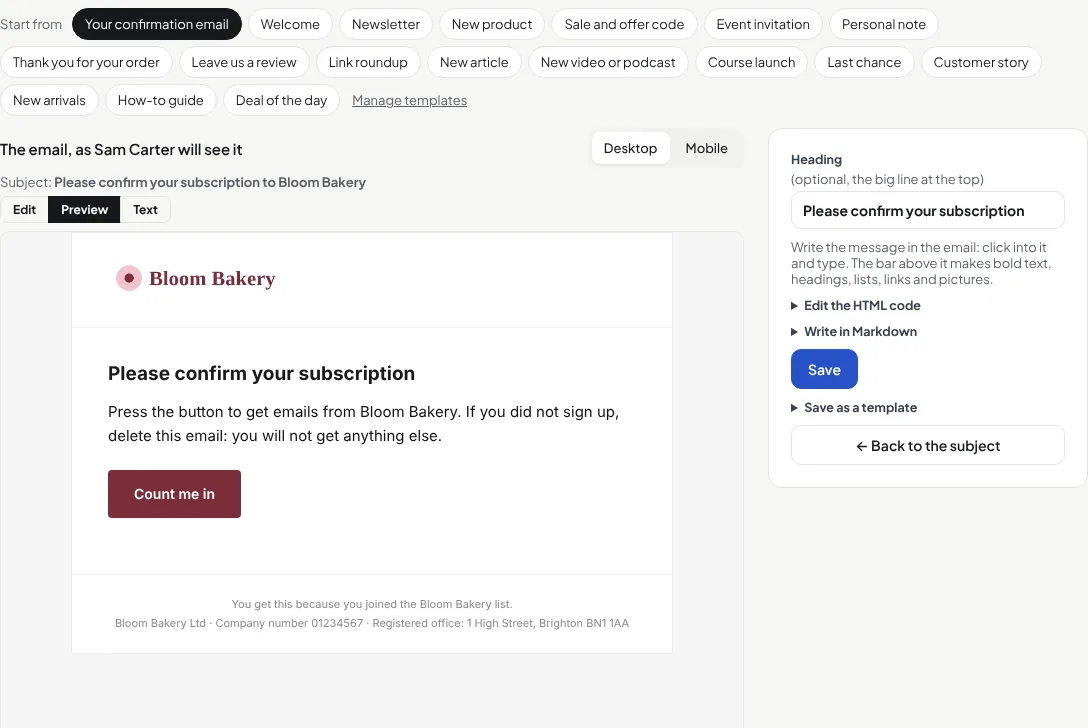 The confirmation email in the editor: template chips, the preview with the business logo and a Count me in button in the business colour