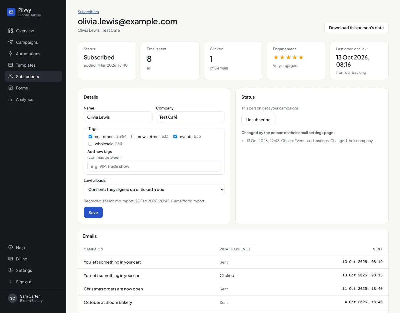 One contact's page: status, emails sent, clicks, engagement stars and details