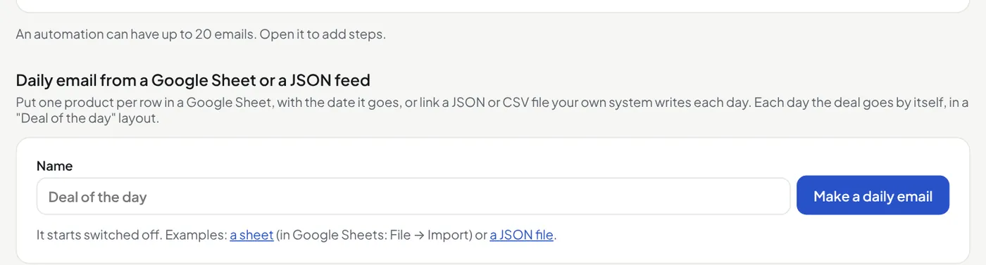 The box to make a daily email from a Google Sheet or a JSON feed