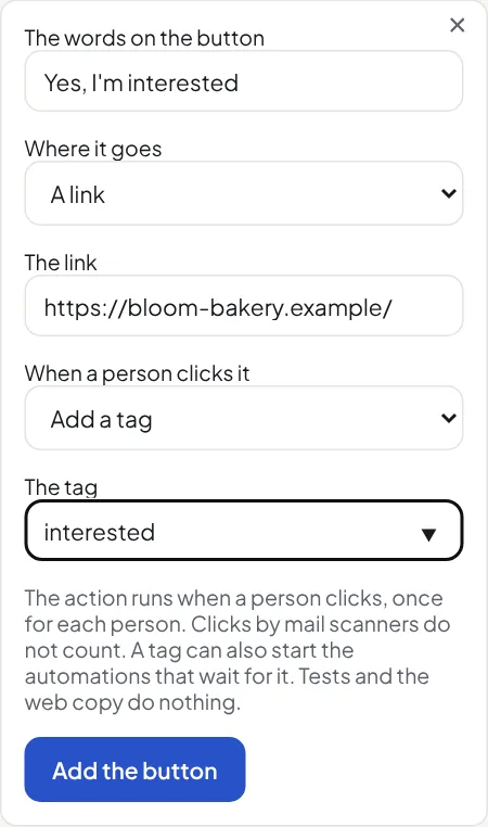 The button box: the words, where it goes, and what a click does: add the tag interested