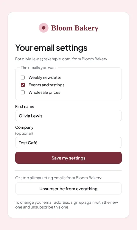 A person's email settings page with the business logo and colours: three topics with tick boxes, first name, company, Save my settings and Unsubscribe from everything