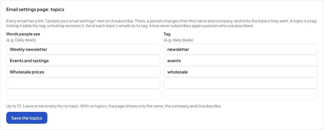Settings, Your business: the email settings topics, each with the words people see and its tag