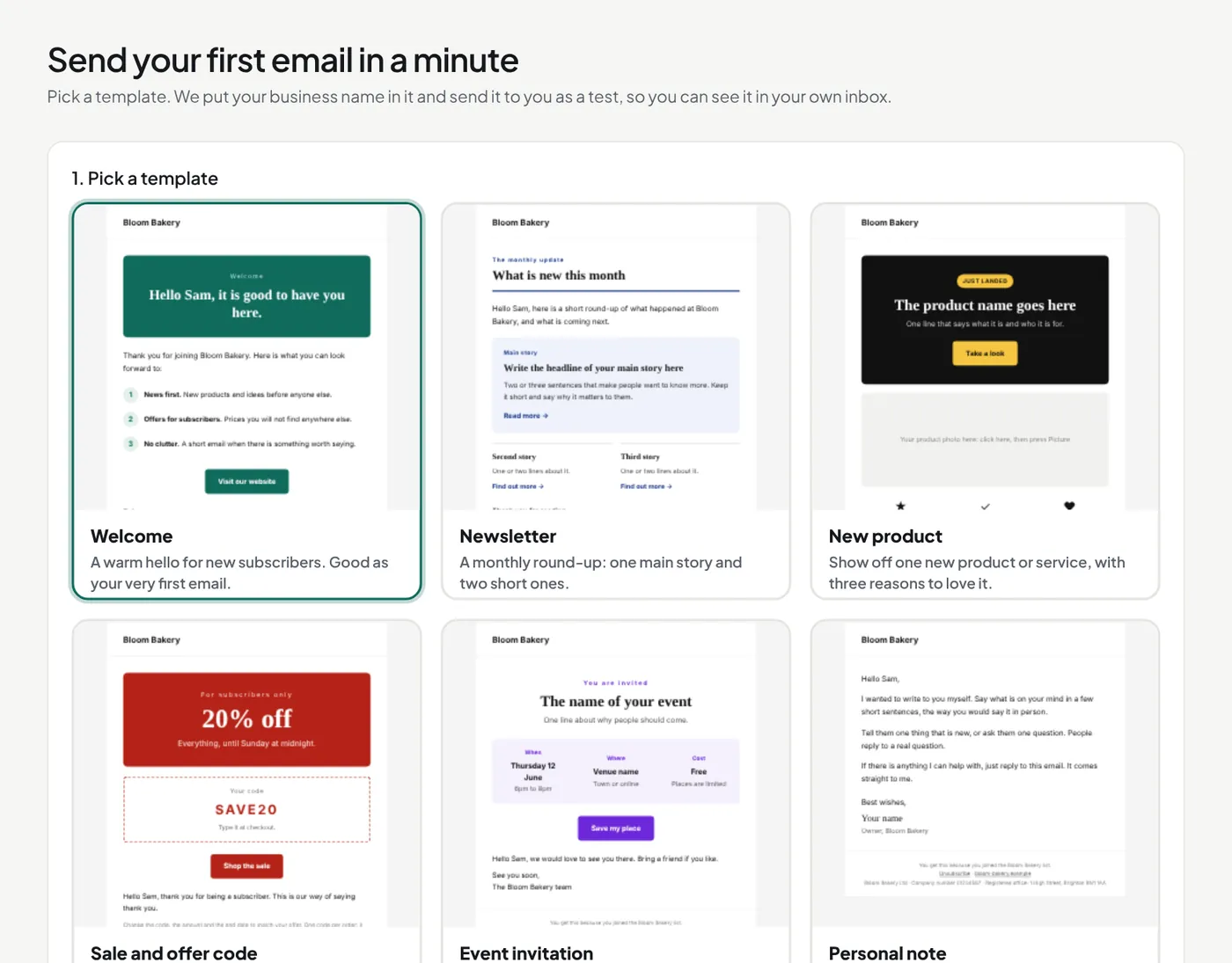 The Send your first email page with template cards