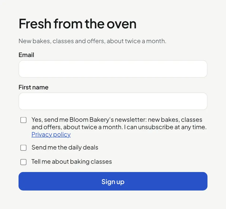 A hosted sign-up page with a consent box, a privacy policy link and two extra boxes