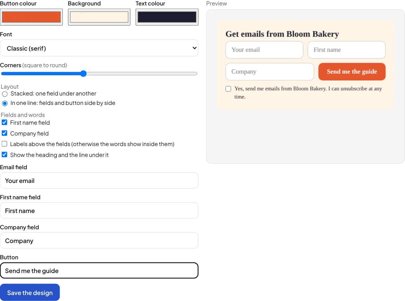 The form designer: colours, font, corners, layout, fields and words on the left, the live preview on the right