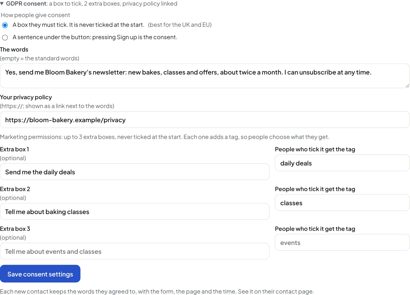 The GDPR consent settings of a form: a box to tick, the words, a privacy policy link and two extra boxes with tags