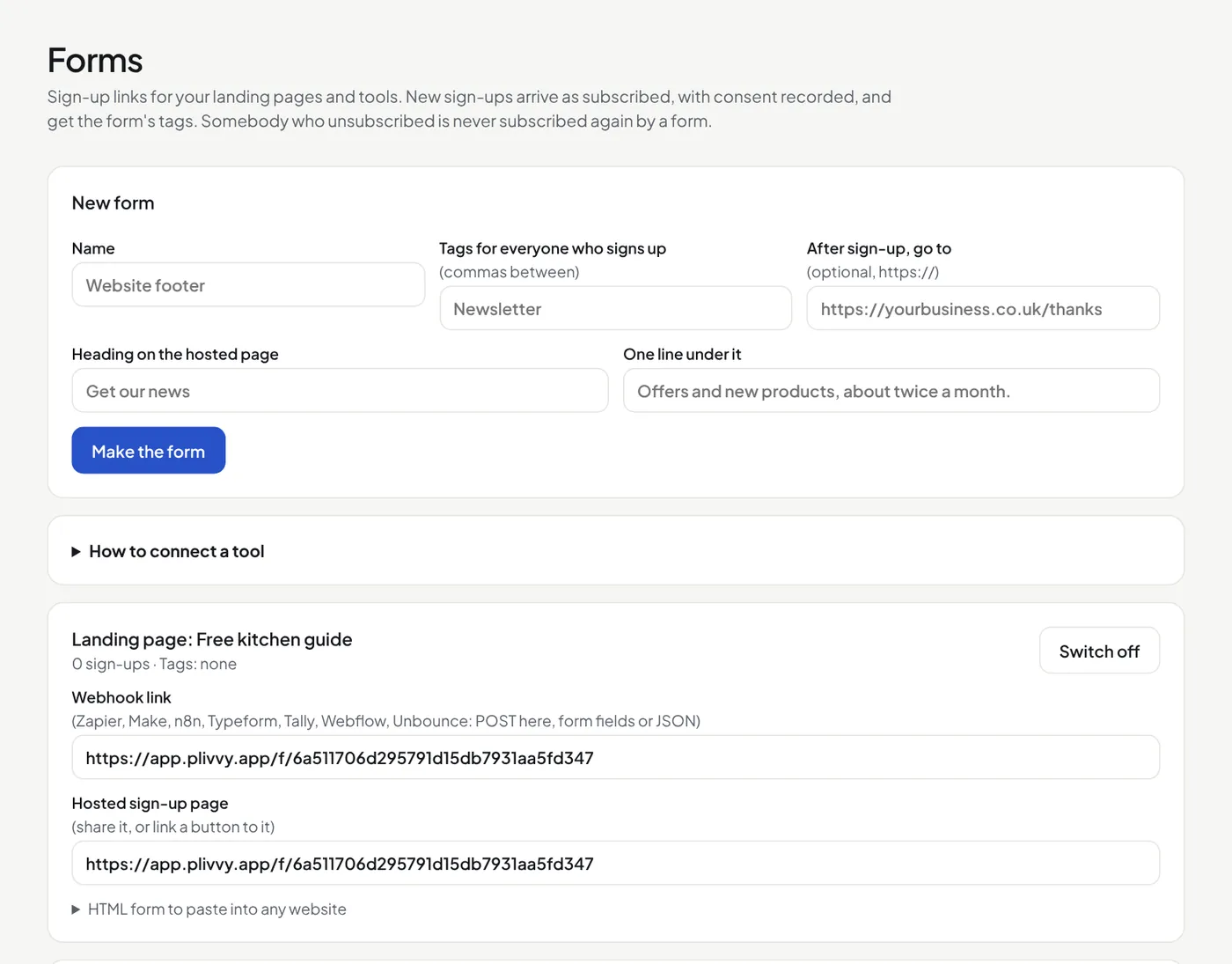 The Forms page with a new form and its links