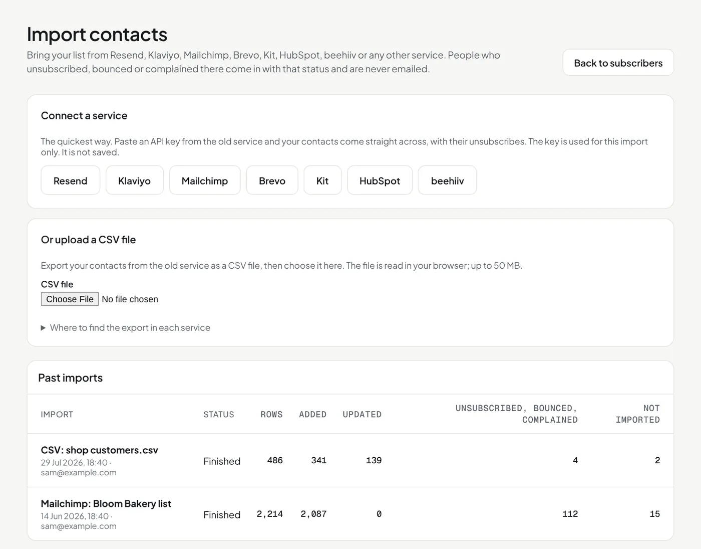 The Import contacts page: connect a service, upload a CSV file, past imports