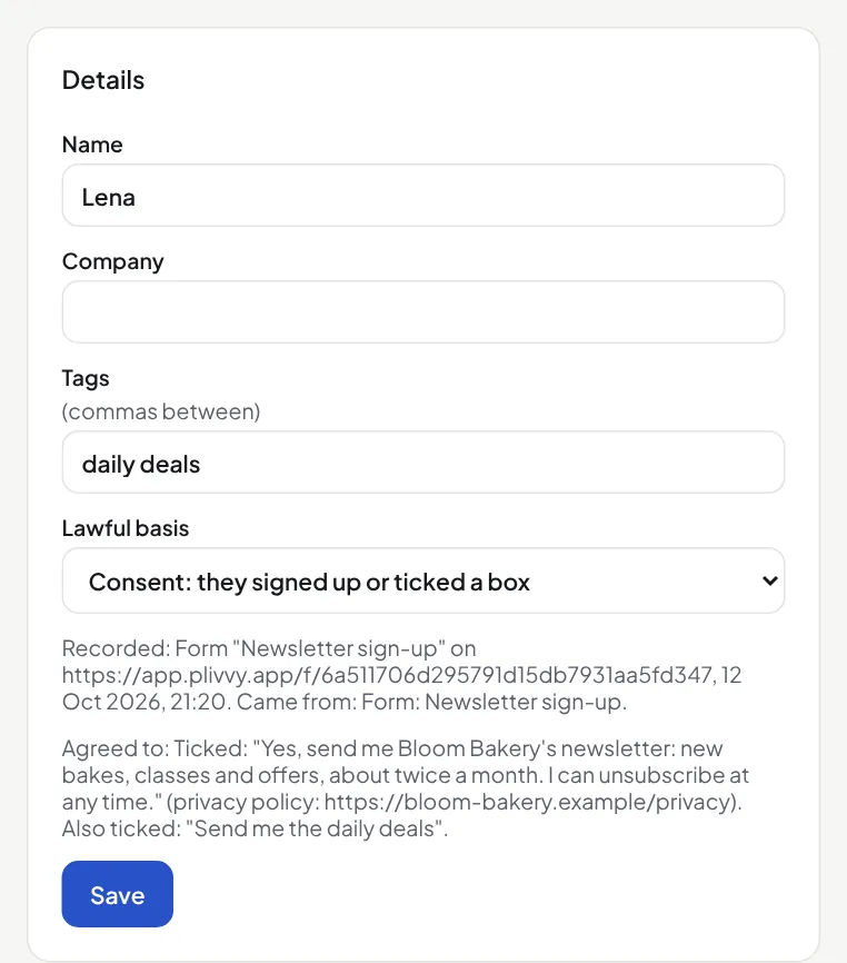 The lawful basis box on a contact page, with where consent was recorded