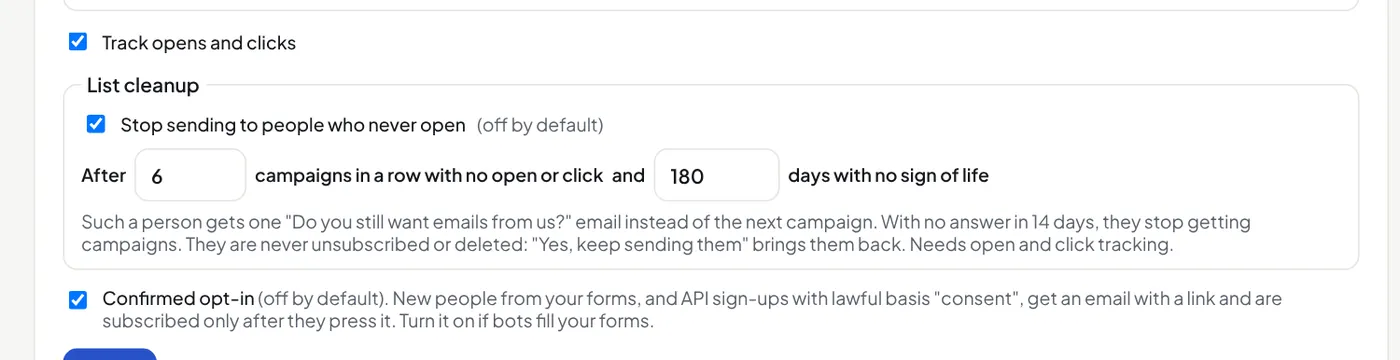 Settings: track opens and clicks, list cleanup and confirmed opt-in