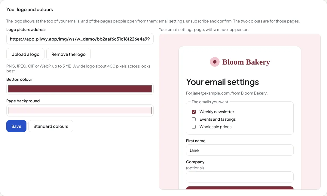 Settings, Your business: the logo with Upload a logo, the button colour, the page background, and a preview of the email settings page