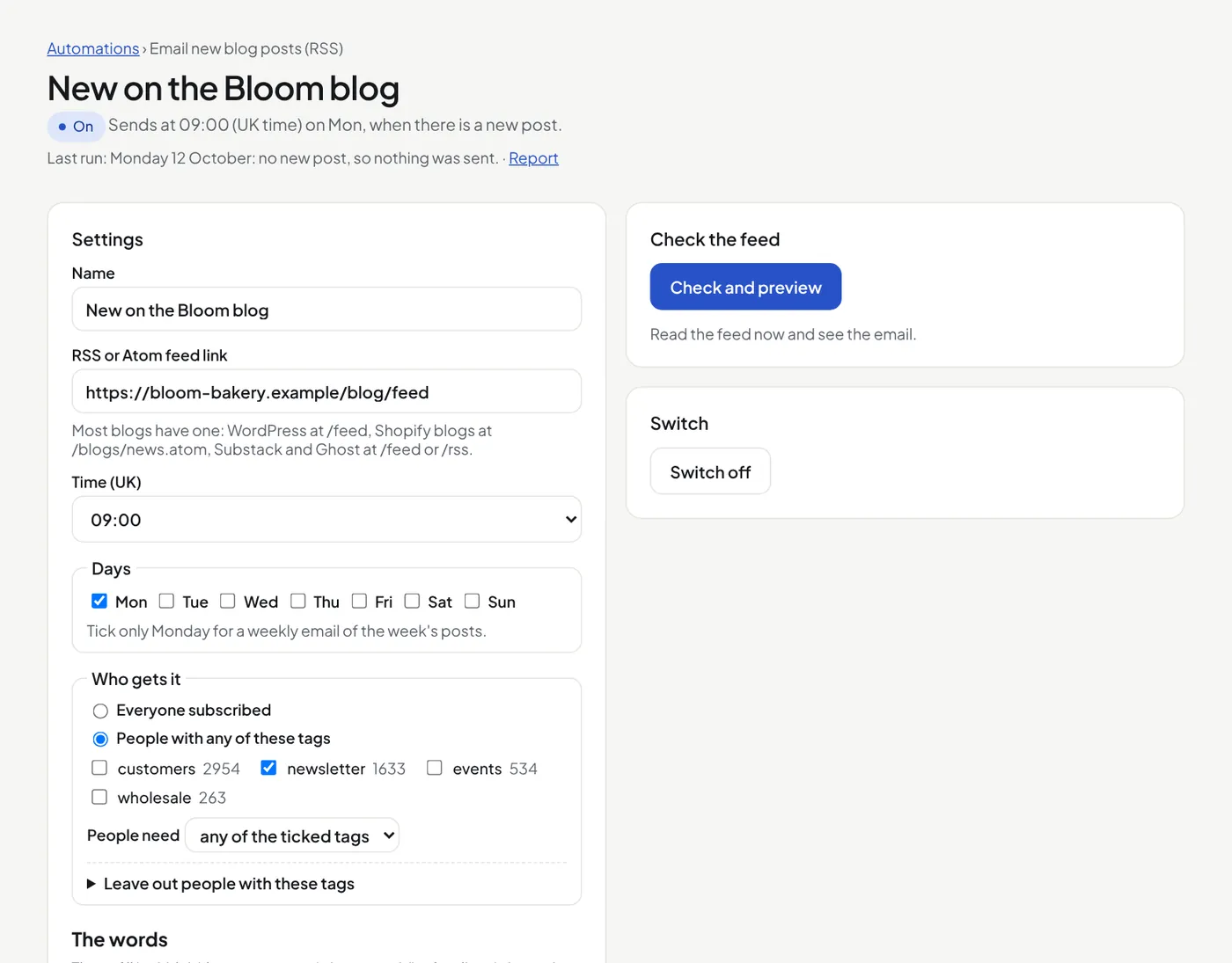 An RSS email: the feed link, the time, the days and who gets it