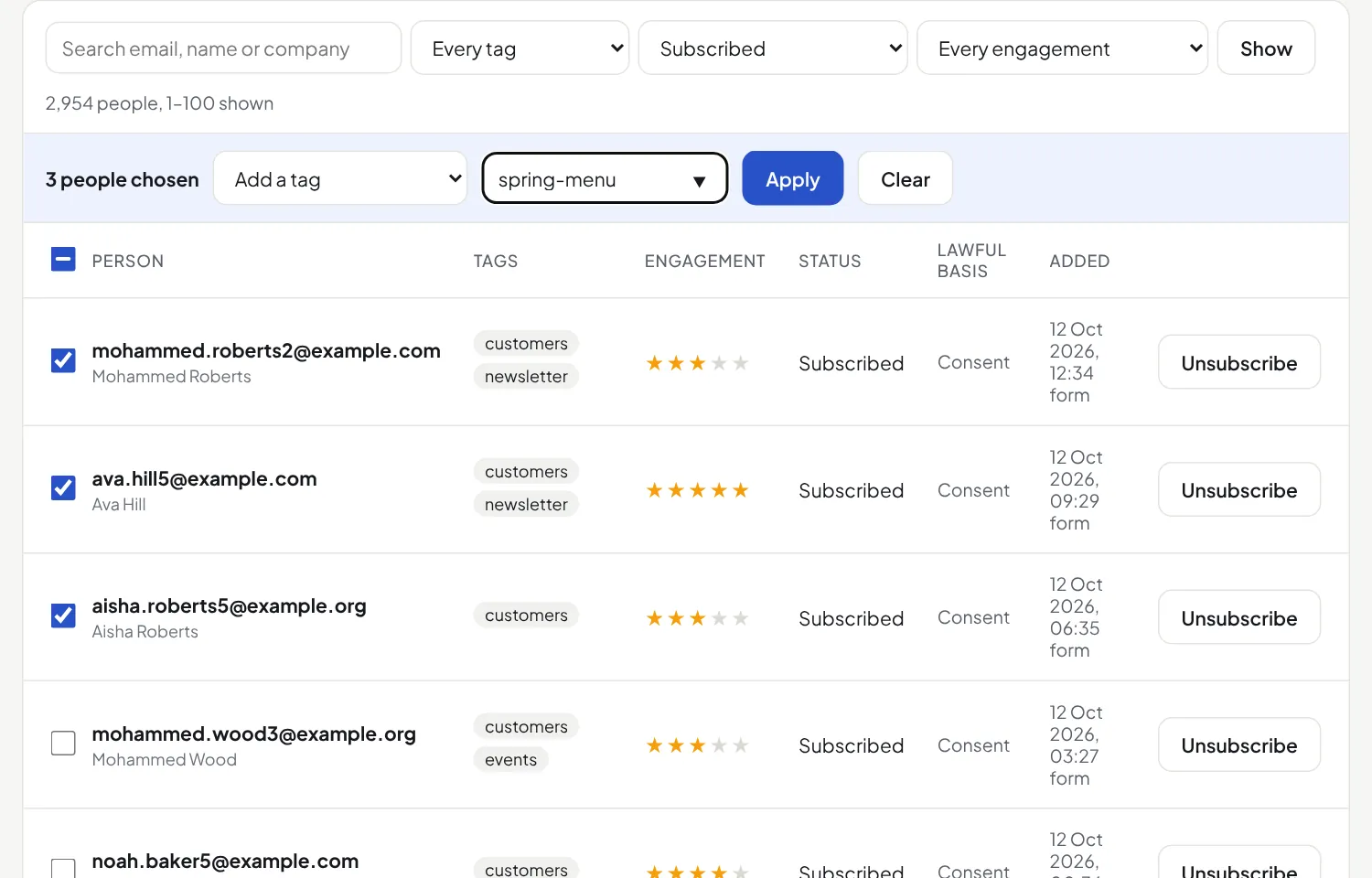 Subscribers with three people ticked and the bar that adds a tag to them
