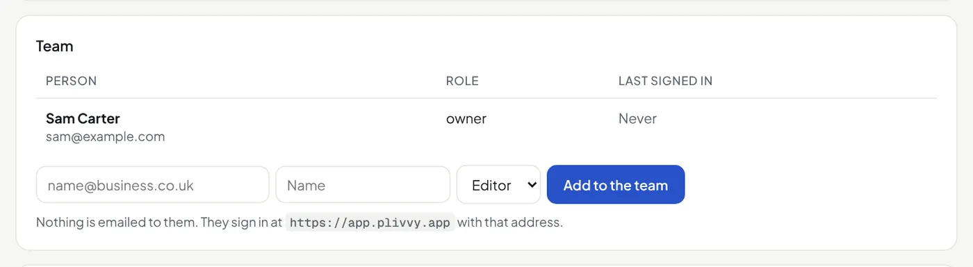 Settings, Team: the members and the box to add a person